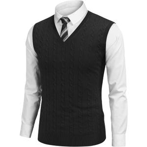COOFANDY Men's Sweater Vest Cable Knitted V Neck Slim Fit Sleeveless Pullover Sweater (Medium, Black)