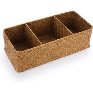 ELLDOO Woven Seagrass Wicker Rattan Storage Basket, Large Capacity Coffee Pod Holder Organizer for K Cup Nespresso Pods, 3-Section Seagrass Storage Box for Coffee bar Shelves Kitchen Cabinets,Brown