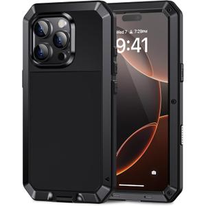 Lanhiem for iPhone 16 Pro Max Case, Metal Heavy Duty Shockproof Tough Rugged Case with Built-in Glass Screen Protector, 360 Full Body DustProof Strong Protective Phone Case for 16 Pro Max 6.9", Black