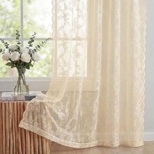 Horaldaily Beige Lace Curtains for Living Room and Bedroom, Boho Farmhouse Floral Sheer Curtains, Rod Pocket, Light Filtering, Vintage Sheer Drapes, 55" W x 63" L, 2 Panels