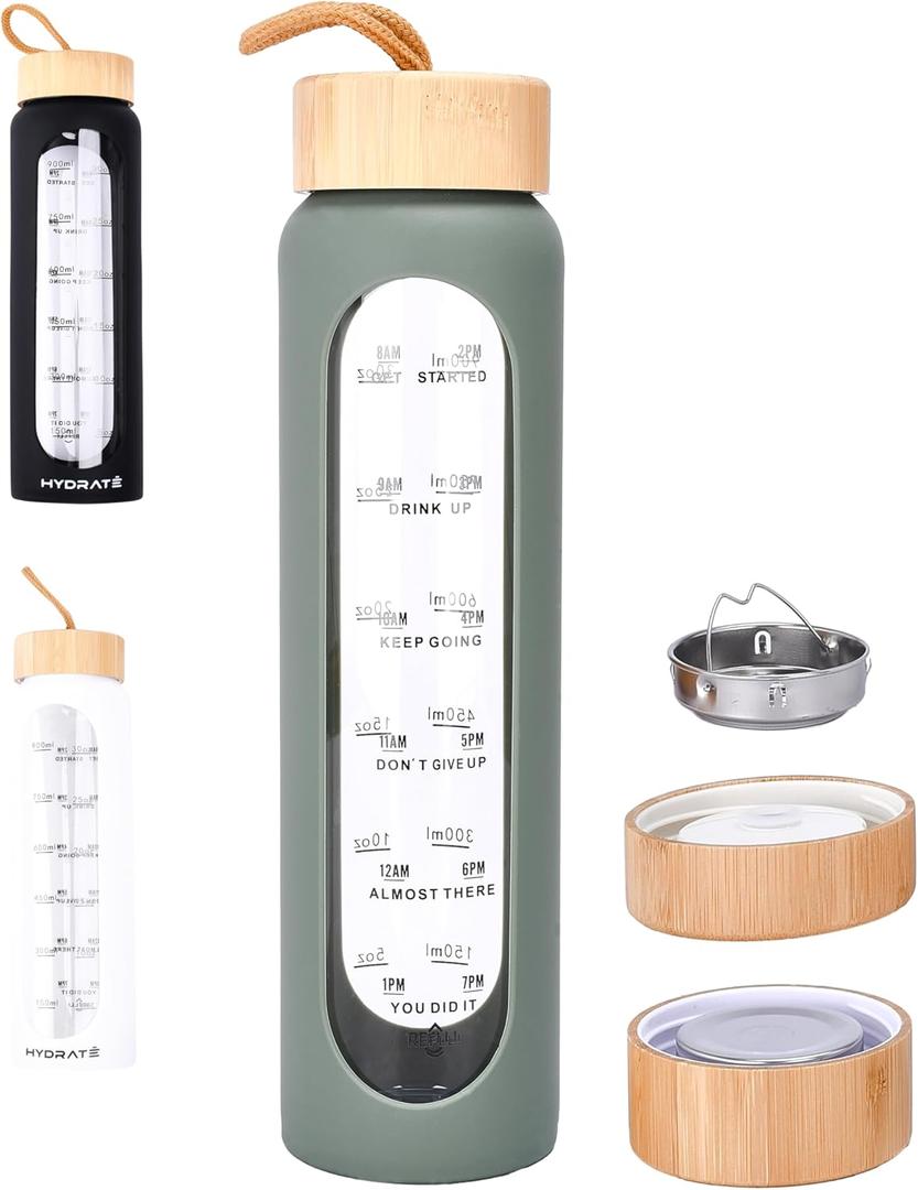 HYDRATE Glass Water Bottles 32 oz - 2 Bamboo Lids & Fruit Infuser - Insulated Silicone Sleeve - Strong Borosilicate Glass - Refillable Time Schedule Glass Sports Bottle - 11" Hx3 Lx3 W - Green