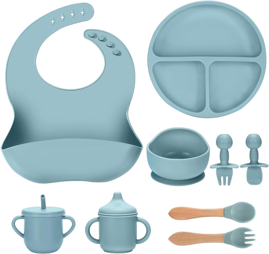 JELLDJK Silicone Baby Feeding Set 9 Pcs, Spill-Proof Suction Plate, Bowl, Bib, Silicone spoon&forks, Wooden Spoons&forks, Training cup with straw and Sippy Cup, Baby Eating Utensils (Blue)