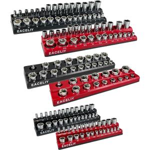 EACELIY 6-Piece Magnetic Socket Organizer Set, 1/2", 1/4" and 3/8" SAE & Metric Deep & Shallow Socket Holder Kit, Holds 141 Standard Sockets, Attaches to Steel Box/Tool Cart (Sockets not Included)