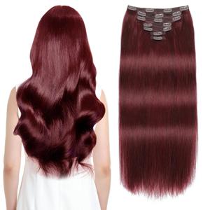 Sisily Clip in Hair Extensions Real Human Hair, 22 inch 170g, Burgundy Red, 100% Brazilian Remy Human Hair Clip in Extensions Soft Straight 7pcs Per Set with 16 Clips Double Weft