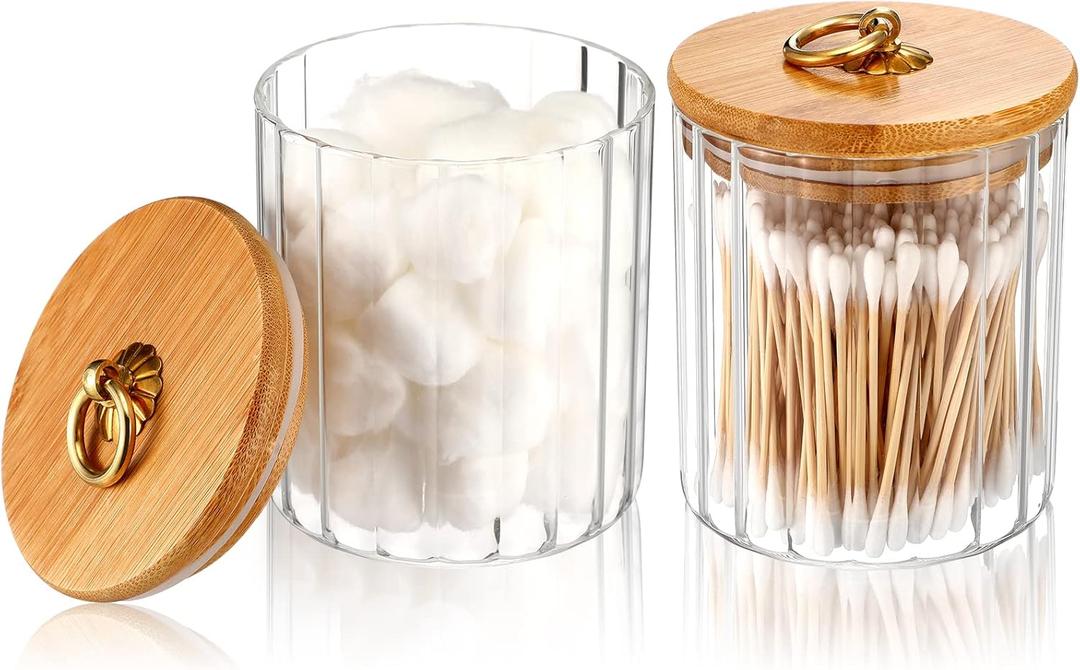 Irenare 2 Pack Glass Jars with Bamboo Lids Bathroom Canisters Apothecary Jars Set Cotton Ball Holder Bathroom Containers Cotton Dispenser Bathroom Storage Organization for Bathroom Farmhouse Favors