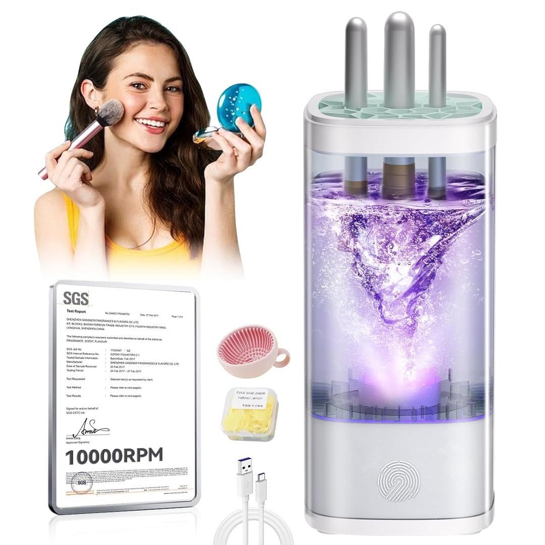 5.0 Upgraded Makeup Brush Cleaner MachineIndustry NO.1-10000 RPM Turbine MotorElectric Makeup Brush CleanerSGS Certified - Zero Dust ResidueUniversal One-Button Cleaner, Make Up Brushes Cleaner 