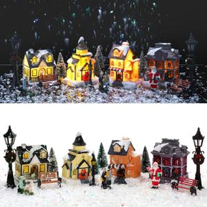Queekay 17 Pcs Resin Lighted Christmas Village Houses with Figurines Town Set Christmas Village Accessories Collectible Buildings Xmas Winter Decorations for Indoor Room