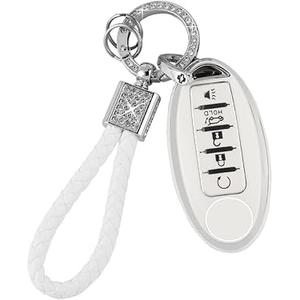 YIKECASE Key Fob Cover with Diamond Keychain, Car Key Holder Compatible with Nissan Altima Rogue Sentra Pathfinder Frontier Maxima Titan Murano Kicks Juke Versa Armada GTR 5 Buttons,(White)