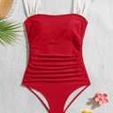 B2prity Womens One Piece Swimsuit Retro Square Neck Tummy Control Bathing Suits Ruched Modest Full Coverage Swimwear (Red, L)