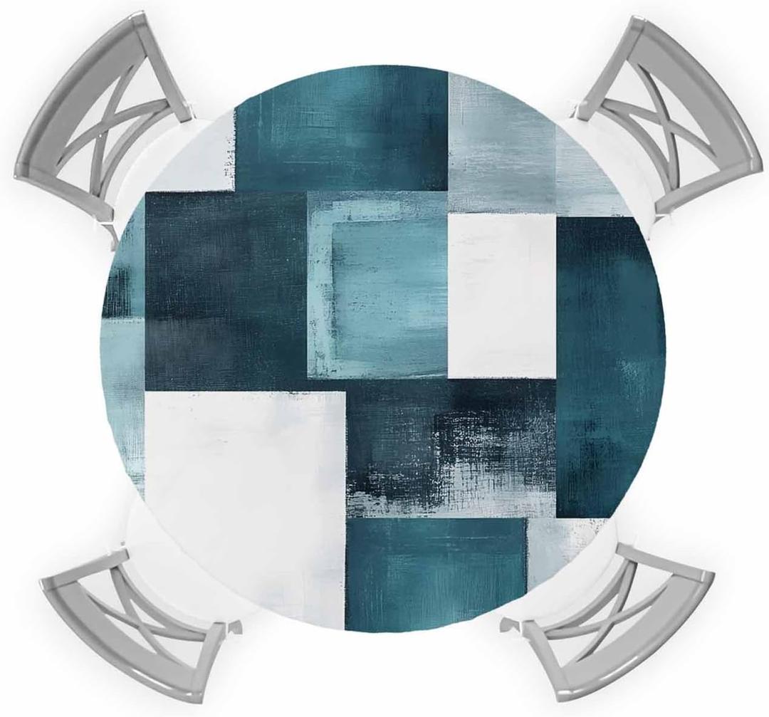 Teal Abstract Art Round Fitted Tablecloth Geometric Plaid Modern Graffiti Color Block Elastic Table Cloth Waterproof Oil Proof Table Cover Fits 45"-54" Round Tables for Party Picnic Dinner Decor (Bronze)