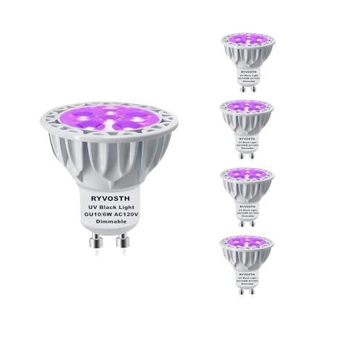 RYVOSTH 4-Pack,LED Black Light Bulbs,MR16 GU10 Base, 6W(50W Equivalent), UVA Level 395-400nm,Glow in The Dark for Blacklight Party,Fluorescent Poster,Neon Glow,Body Paint (GU10 Base)
