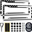 2 Pack OLLEN American Flag License Plate Frames, Aluminum Alloy US Patriotic Car Tag Holder Protector, with Mount Hardware, Anti-Theft Caps, 8 Rattle Proof Pads, Screwdriver, Black+Silver