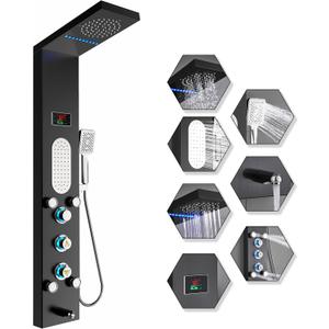 ELLO&ALLO LED Shower Panel Tower System, Rainfall and Mist Shower Head Rain Massage with Body Jets, Brushed Black