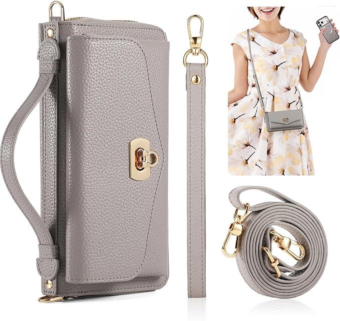 Crossbody Wallet Case for iPhone 17 Pro Max 6.9", Magnetic Detachable PU Leather Phone Case with RFID Blocking Card Holder Wristlet Mirror Flip Zipper Shoulder Purse Clutch for Women - Gray