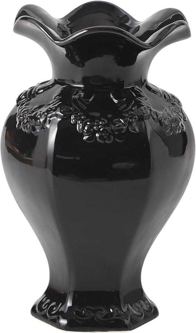 Black Ceramic Vase, Decorative Vase for Modern Home Decor, Farmhouse Minimalist Decor, Boho Flower Vases for Living Room, Bedroom, Kitchen, Dining Table, Office, Wedding, 8.5 Inches