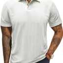 Men's Knitted Polo Shirts Short Sleeve Slim Fit Casual Golf Shirt Textured Knit V-Neck Summer Collared Tee Tops (Medium, White)