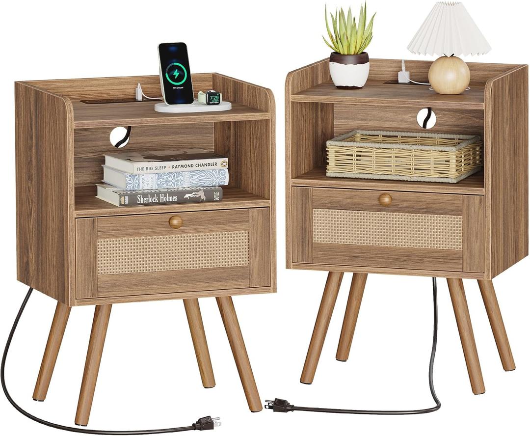 SUPERJARE Nightstands Set of 2, Night Stands with Charging Station & PE Rattan Decor Drawer, Bed Side Tables with Solid Wood Feet, End Table, for Bedroom, Living Room, Walnut (11.8"D x 15.9"W x 23.4"H (1 Drawers))