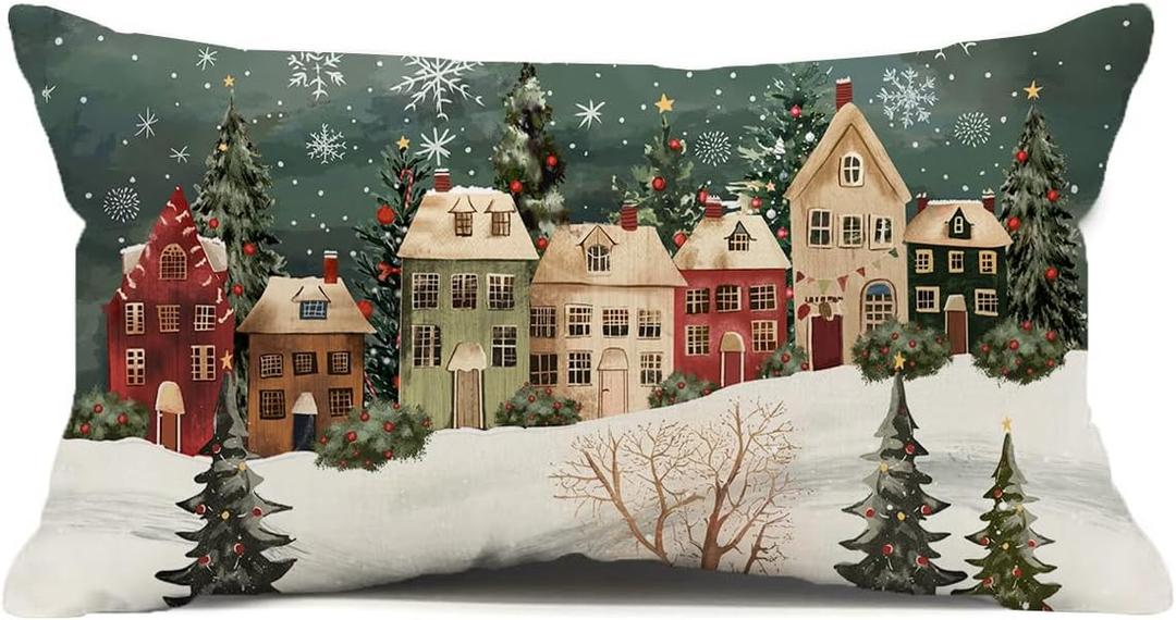 Winter Lumbar Decorative Rectangle Pillow Cover 12 x 20, Wonderland Forest House Snowflake Vintage Porch Outdoor Pillowcase, Christmas Holiday Seasonal Farmhouse Cushion Case Home Decor (Green)
