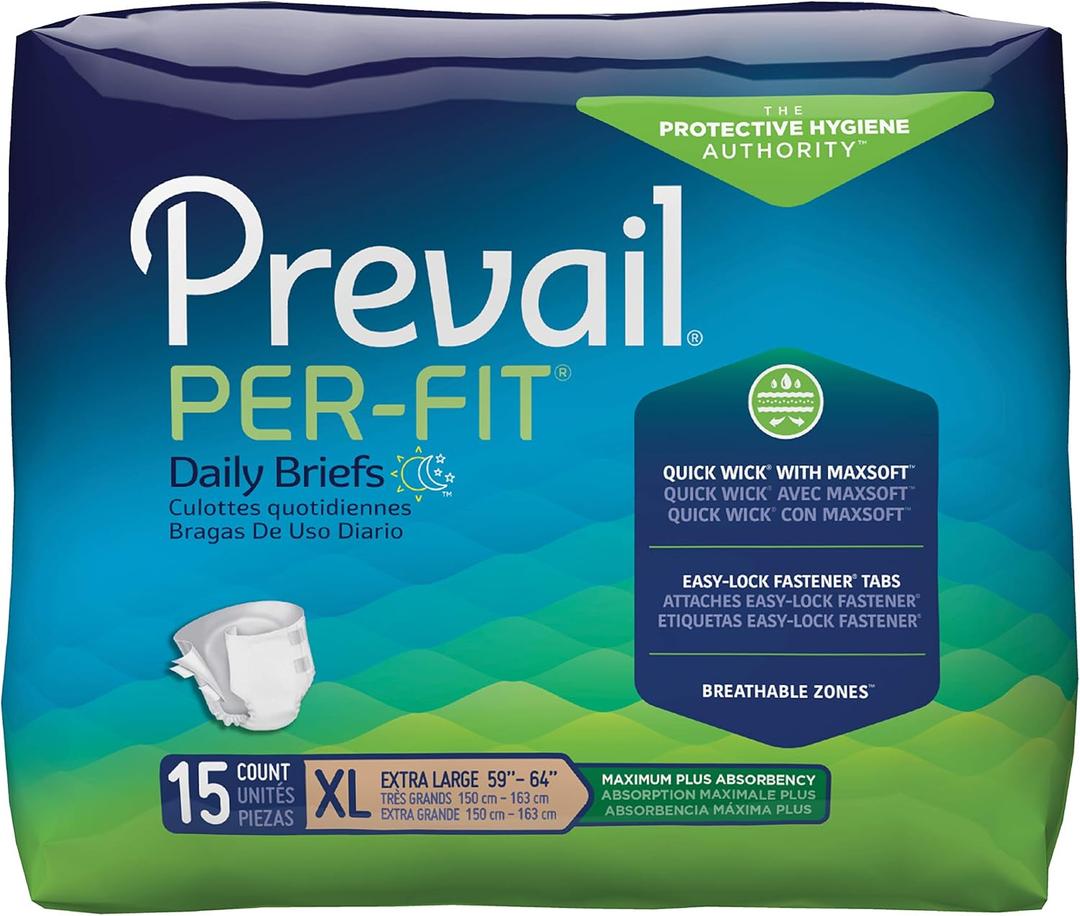 Prevailper-Fit Maximum Plus Absorbency Incontinence Briefs Extra Large 15Count Breathable Rapid Absorption Discreet Comfort Fit Adult Diapers