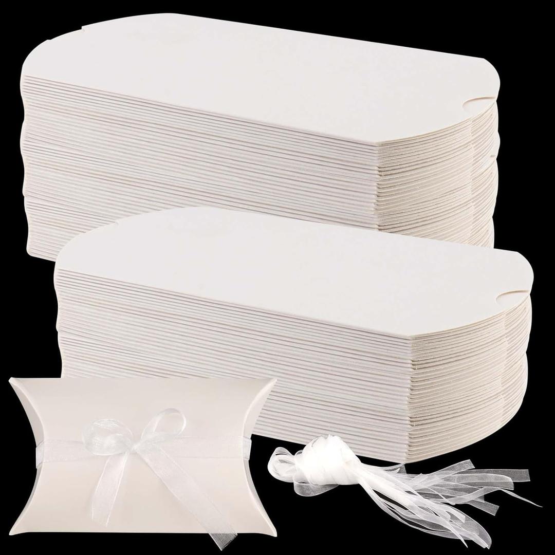 SEUNMUK 150 Pack 5.1 x 3.5 Inches Pillow Boxes, Kraft Paper Gift Boxes with Ribbon, White Pillow Candy Box Gift Box Party Wedding Favor for Anniversary, Birthday, Shower, Halloween