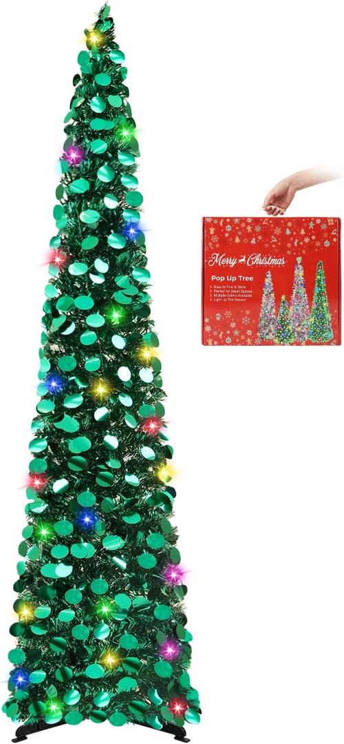 MACTING Pop Up Christmas Tree with 50 LED Lights 5FT Collapsible Tinsel Pencil Tree Easy-Assembly Coastal Glitter Artificial Tree for Porch Apartment Corner Home Party Xmas Decorations,Peacock Green