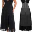 Popilush Women's Lace Formal Cocktail Sleeveless V Neck Maxi Shapewear Dress Wedding Guest Mother of Bride Split Dresses (Black, L)