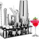 Cocktail Shaker Set, 23-Piece Boston Stainless Steel Bartender Kit with Acrylic Stand & Cocktail Recipes Booklet, Professional Bar Tools for Drink Mixing, Home, Bar, Party (Include 4 Whiskey Stones) (Sliver)