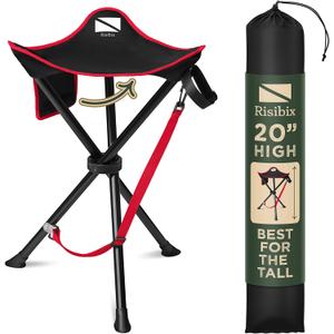 Foldable Tripod Stool - Ultra Portable Seat for Tall People, 20 High - Hunting Chair & Hidden Zippered Pocket - 2 lb Camping Stool, 3 Legged Strong Steel Stool Holds up to 200 lb (Black/Red)