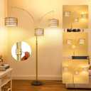 Modern Gold Floor Lamp for Bedroom, Arc Standing Lamp for Living Room, Dimmable Boho Rattan Tall Lamp, Farmhouse Floor Lamps for Office Decor, Height Adjustable Arched Lamp, Over Couch Reading Lamp