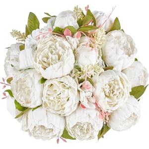 Mkono Peonies Artificial Flowers, 2 Packs 13 Stems Faux Peony Flowers Real Touch Fake Silk Bouquet for Arrangements Dining Table Centerpieces for Kitchen Bridal Wedding Party (2, White)