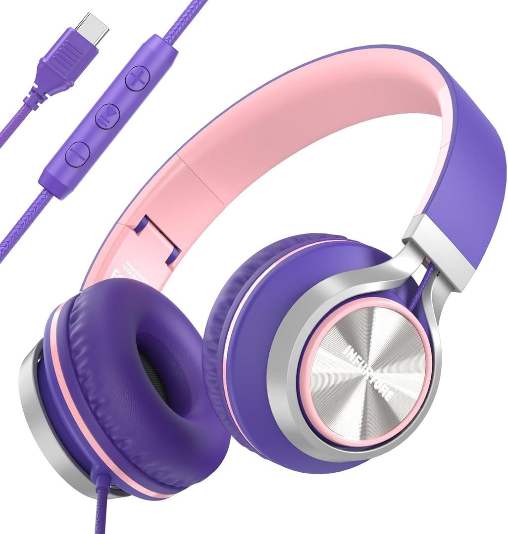 INFURTURE USB C Headphones with Mic,Volume Control,Tangle-Free Plaiting Line,Wired Headphones Type c,Lightweight Foldable for iPhone 17/16/15 Headphone Series/Tablet/School/Travel/Sports/Audiobooks (Pink-purple)