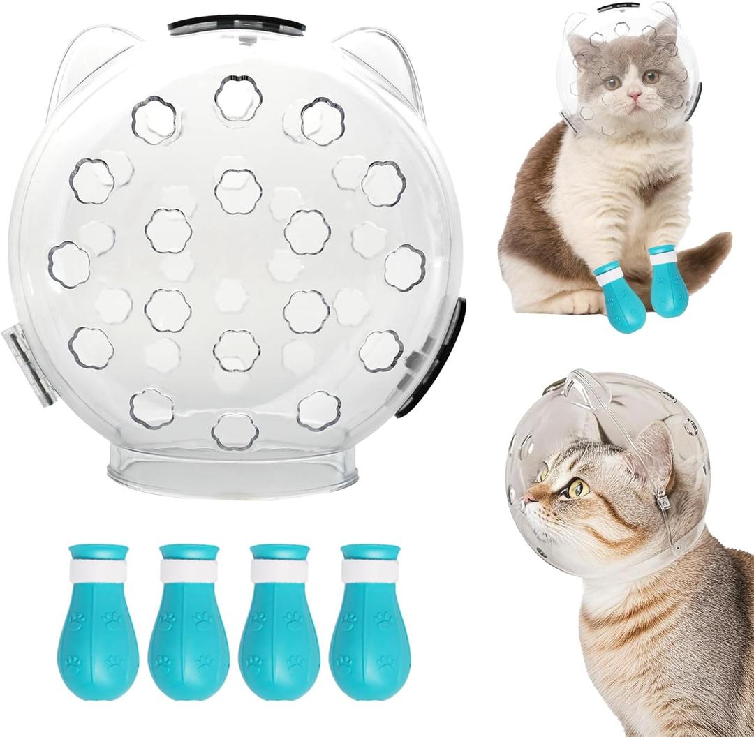 Cat Muzzle for Grooming with Astronaut Helmet Design, Cat Helmet Breathable Anti-Scratch Anti Bite Protection, Includes Paw Covers