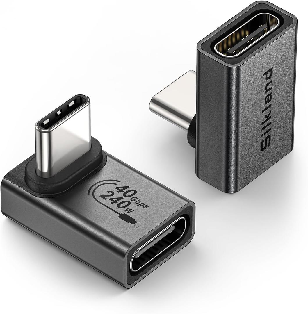 Silkland USB C 90 Degree Right Angle Adapter 2 Pack, [8K 60Hz, 240W 40Gbps] Male to Female Adapter Extender Compatible Thunderbolt 4 for Steam Deck, ROG Ally, MacBook, Switch 2, iPhone 17/16, Quest 3