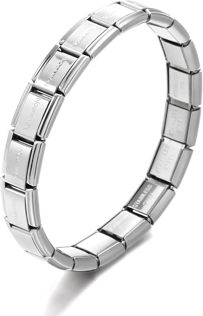 RINHOO 9mm Italian Starter Charm Bracelet Starting Italian Charm Bracelet Link Square Silver Interlocking Stainless Steel Modular Links (Silver NOMI)