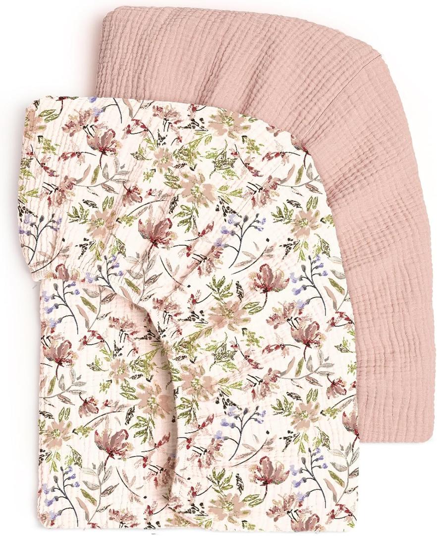 lulumoon Fitted Crib Sheets 2-Pack: Soft Muslin Cotton for Standard Crib - Boho Floral Print for Baby Girls Nursery Bedding & Gift (Nudepink & Flower)