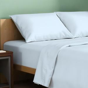 TEXAS LINEN CO. 100% Organic Cotton Sheets Queen Size - 4 PC Organic Cotton Queen Size Percale Weave Sheet Set, Soft, Cooling, Crisp, 16" Deep Pocket Hotel Quality Bedding Set - Light Blue (Queen, Light Blue)