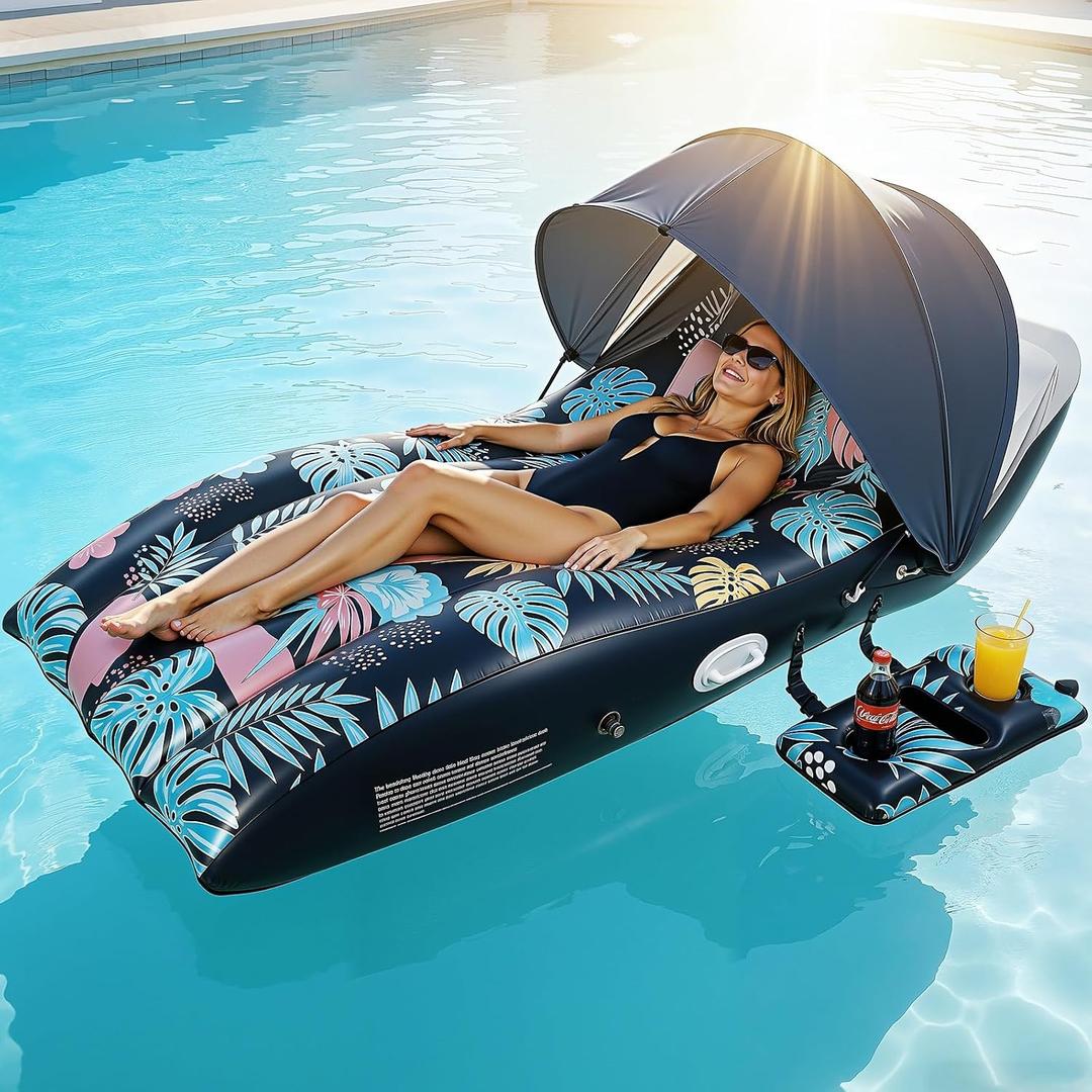 Pool Floats Lounger with UPF50+ Canopy Adjustable, Inflatable Large Floating Chair Ergonomic Design, with Cup Holders, Perfect for Swimming Pool, Beach, Lake, Party