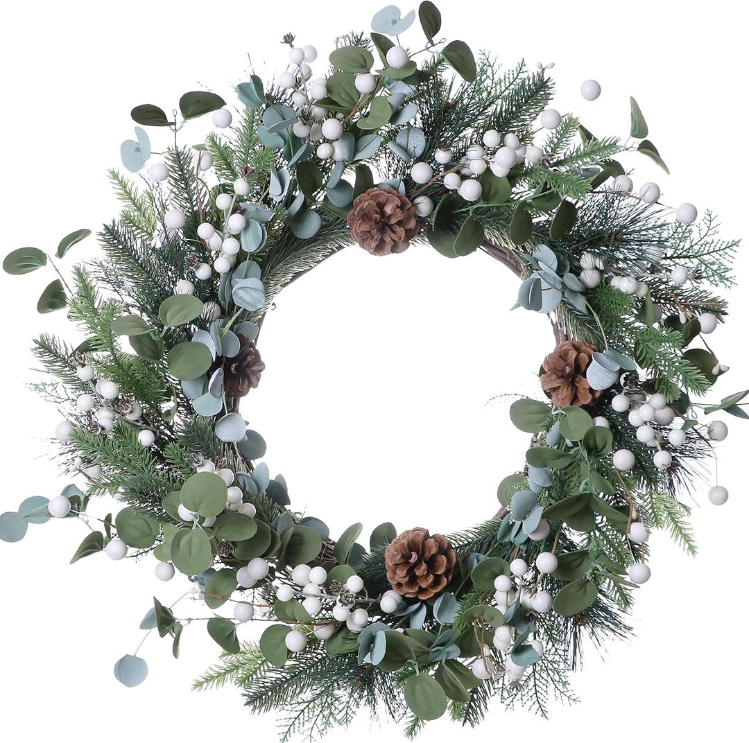 J'FLORU Christmas Wreaths for Front Door 20 Inch Artificial Christmas Wreath White Winter Wreath with Berries Pine Cones Pine Needles for Xmas Winter Holidays