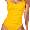 Eomenie Women One Piece Tummy Control Swimsuit Halter Scallop Trim Bathing Suits 1 Piece Vintage Ruched Slimming Swimwear Yellow, Large