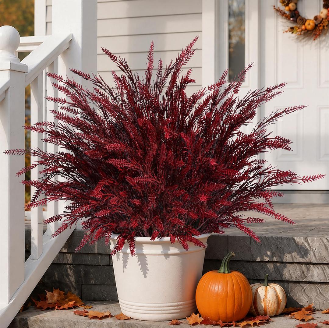 HyeFlora Artificial Fake Outdoor Plants for Fall Decoration, 8PCS Faux Wheat Grass Greenery Shurbs UV Resistant Fake Plant for Planter Home Garden Porch Window Box (Burgundy)