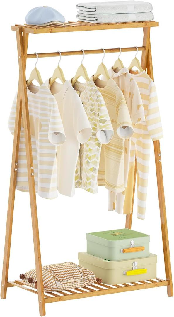 Kids Clothes Rack,Bamboo Kids Dress Up Rack with 2 Storage Shelves,Portable Garment Rack Organizer for Bedroom Playroom Nursery Entryway (Natural)