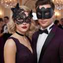 Zinniday Masquerade Masks for Couples - 2 Pcs Feather Butterfly Lace Mask and Plastic 2026 Venetian Masks for Womenb Men