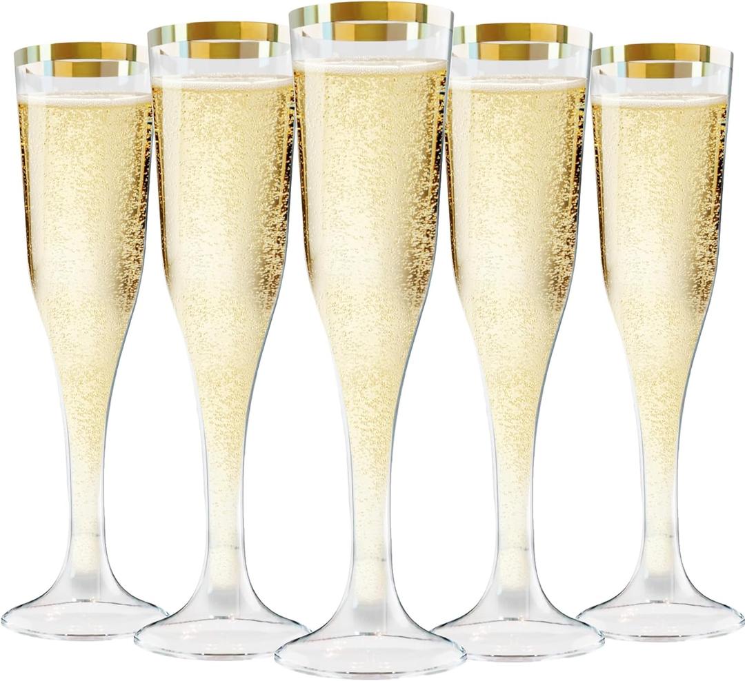 Zcaukya 100 Plastic Champagne Flutes, 4.5oz Clear Disposable Hard Stemware Cups with Golden Rim, Plastic Champagne Glasses for Wedding, Graduation Party, Bridal Shower, Birthday Party