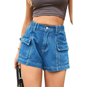 YOCUR Womens Cargo Denim Shorts - Summer Casual Vintage Loose Button Zipper Shorts (Small, A-medium Blue)