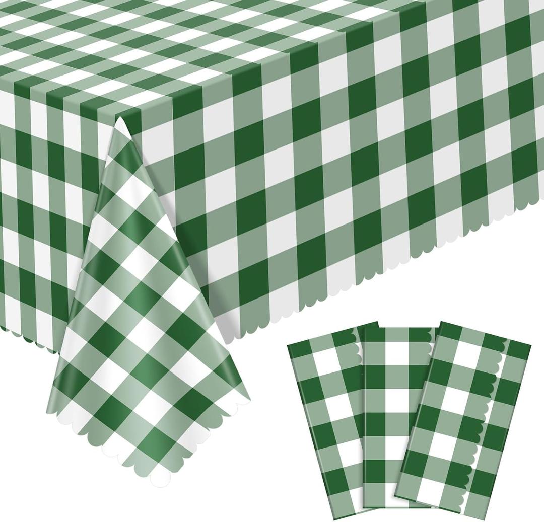 NatNarr 3 Pack Green Gingham Tablecloths, 54 X 108Inch Disposable Scalloped Green and White Checkered Table Cloth, Waterproof Table Cover for Party Picnic Birthday Barbecue Camping Wedding