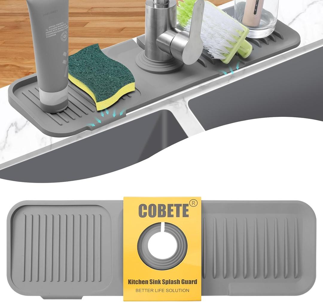 COBETE Kitchen Sink Splash Guard, 5Slope 17.7in Faucet Mat Splash Catcher, Handle Drip Catcher Tray, Multipurpose for Kitchen Dish Drying Mats Sponge Holder and Bathroom Countertop Protect