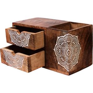 Wooden Hand craved Desk Organizer Pencil Pen Stationery Holder Cosmetic Storage Desk Box Home Office Art Supplies with 2 Drawer Wooden Tabletop Stationery Holder with 2 Drawers Storage Cabinet