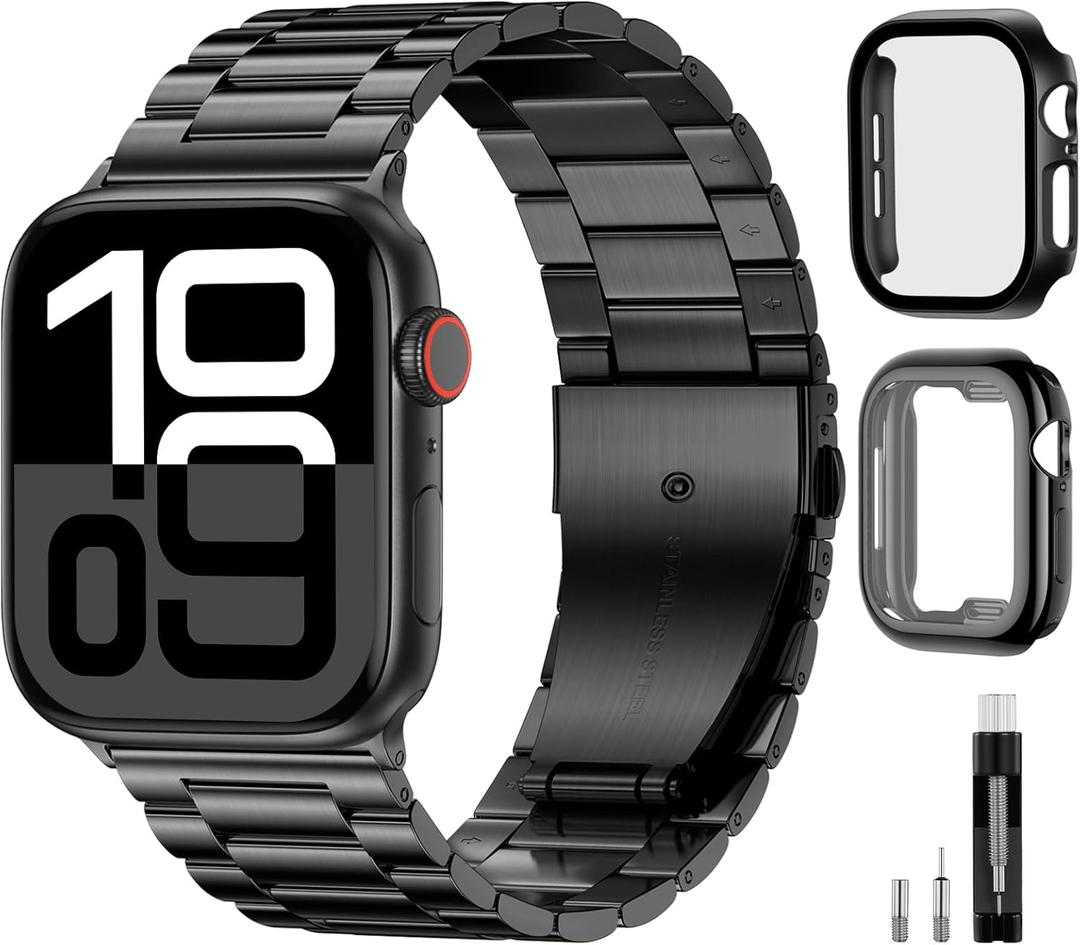 WJK Metal Band Compatible with Apple Watch Bands For Men Women, Stainless Steel Replacement Strap with 2 Pack Case Screen Protector Compatible for iWatch, Size: 44mm(Series 6/5/4, SE 3/2/1)