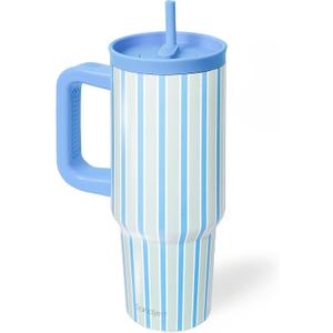 SANDJEST Stripe Stainless Steel Locking Lid Silicone Straw Tumbler with Handle 40oz, Insulated Stainless Steel Travel Cup for Women Girls Friends, Gift Idea for Birthday Summer Vacation (Blue Mint)