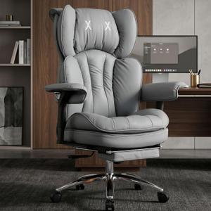 Efomao Big and Tall Office Chair 400lbs, PU Leather Executive Office Chair with Retractable Footrest, 135 Degree Reclining Heavy Duty Desk Chair for Home Office, Light Grey